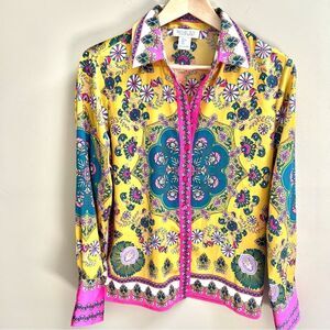 Rachel Zoe Vibrant Yellow and Pink Patterned Shirt Sz S